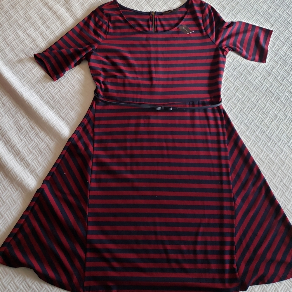 Limited navy & burgundy striped dress with belt